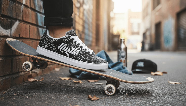 "Hustle" Black Bandana Low Top Sneakers - Art by Seepengoose: The Plug Clothing Company
