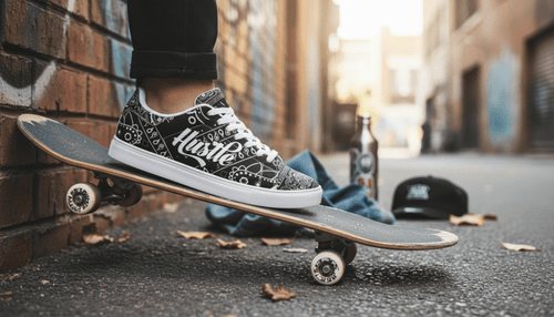 "Hustle" Black Bandana Low Top Sneakers - Art by Seepengoose: The Plug Clothing Company