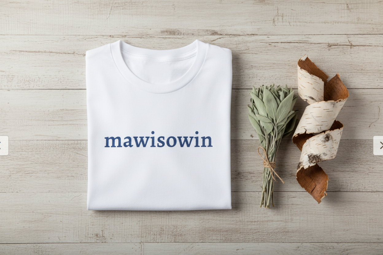 Mawisowin tee overhead flat lay with sage