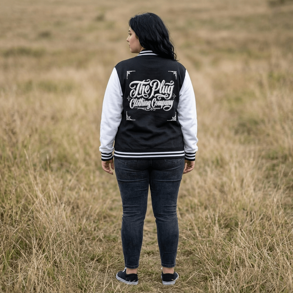 Letterman Jacket — The Plug Premium Clothing Script Logo - Art by Seepengoose: The Plug Clothing Company