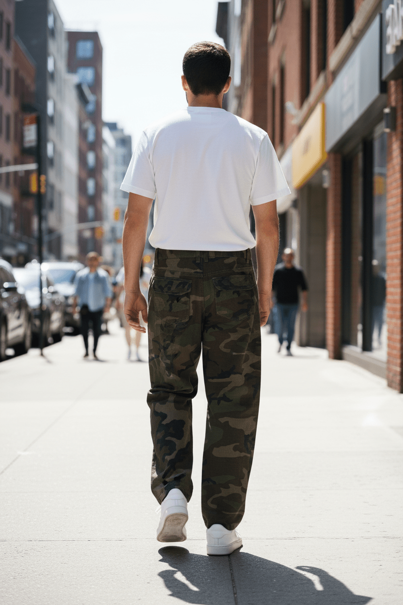 Men's Camo Barrel Leg Cargo Pants | The Plug Clothing Co. - Art by Seepengoose: The Plug Clothing Company
