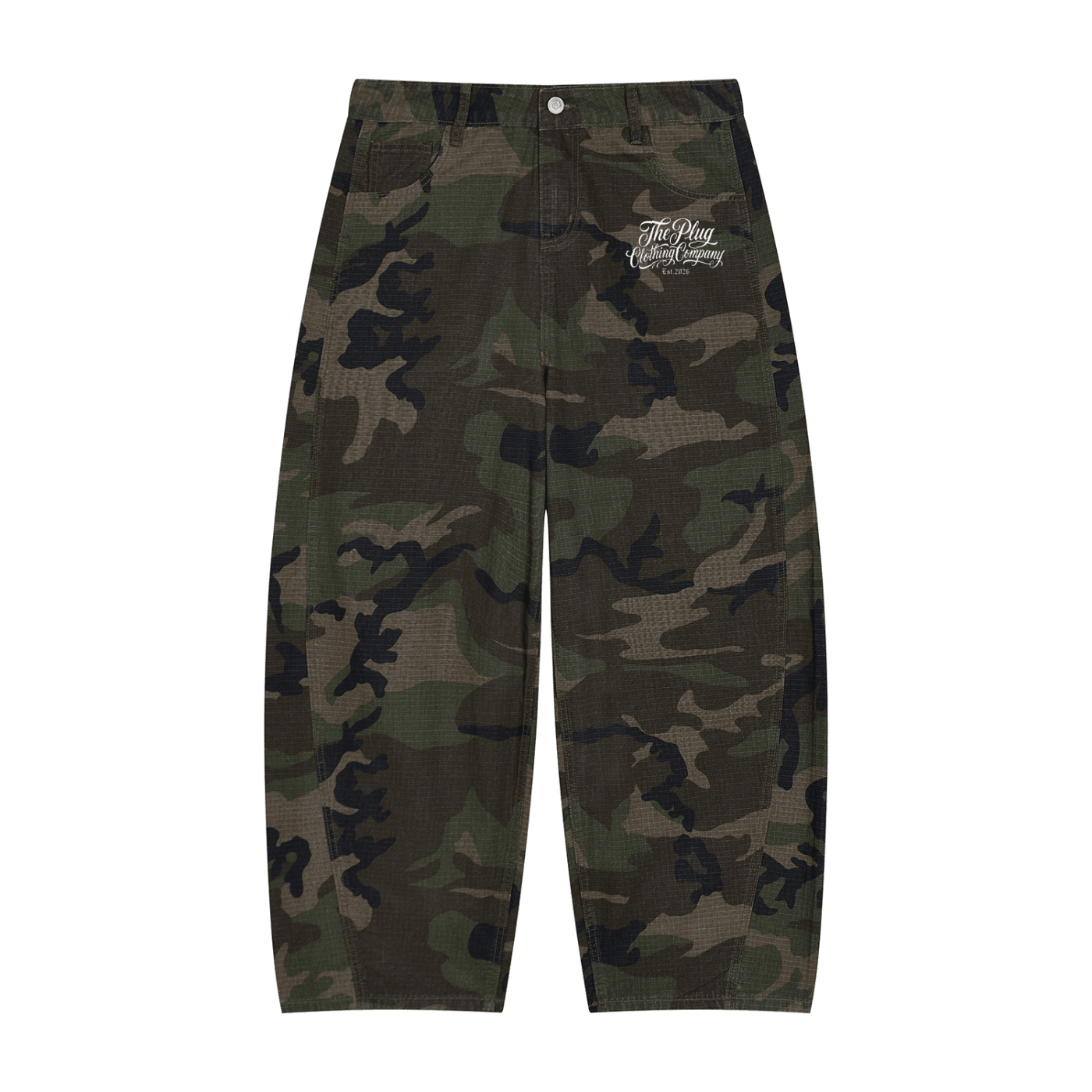 Men's Camo Barrel Leg Cargo Pants | The Plug Clothing Co. - Art by Seepengoose: The Plug Clothing Company