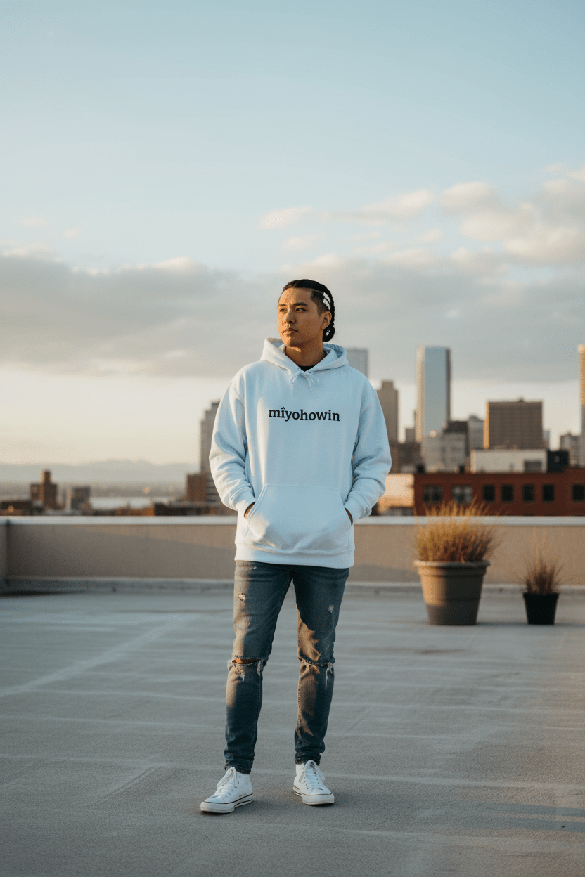 "mîyohowin" Minimalist White Hoodie - Art by Seepengoose: The Plug Clothing Company