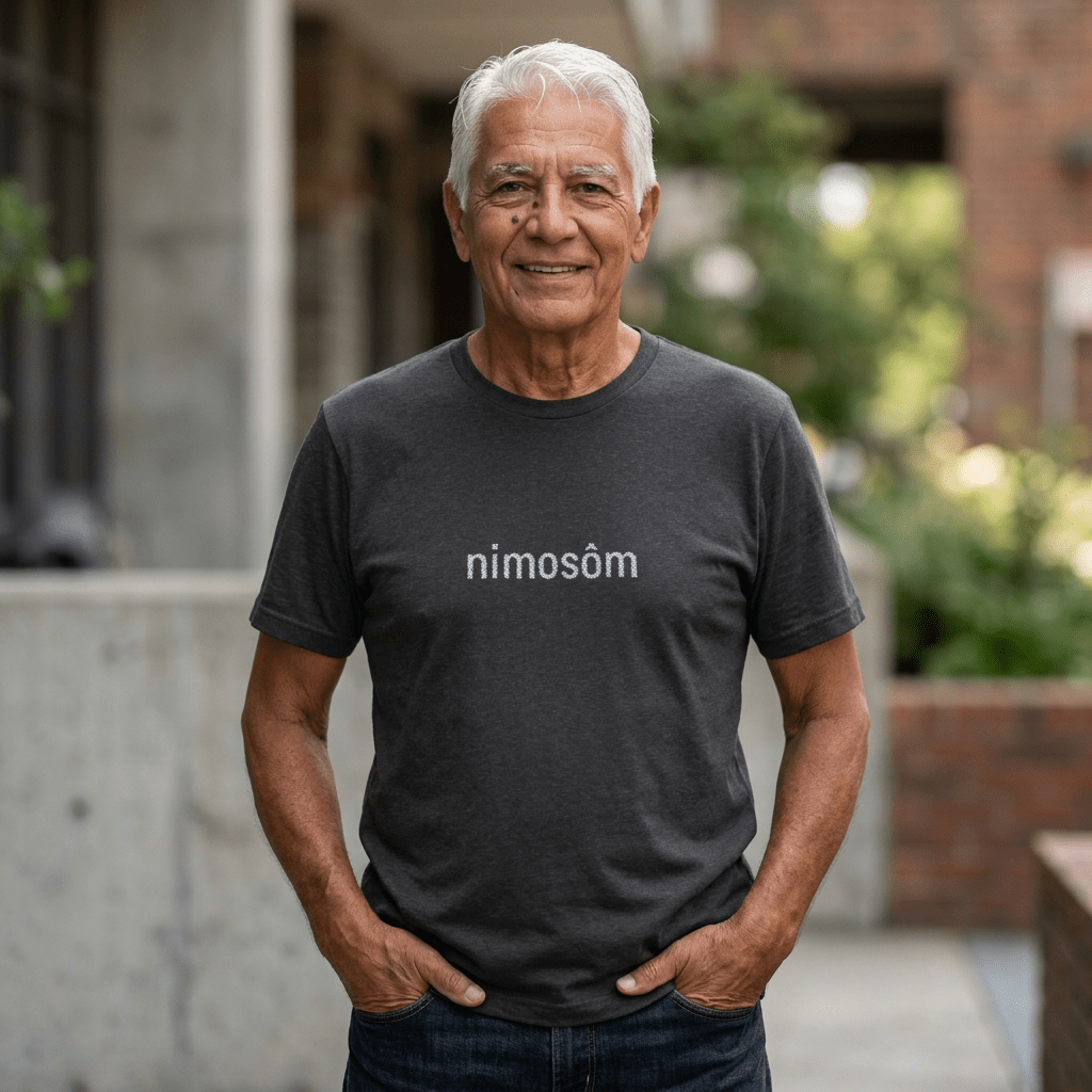 Nimosôm Cree Script Tee — Black Graphic Short Sleeve Shirt - Art by Seepengoose: The Plug Clothing Company