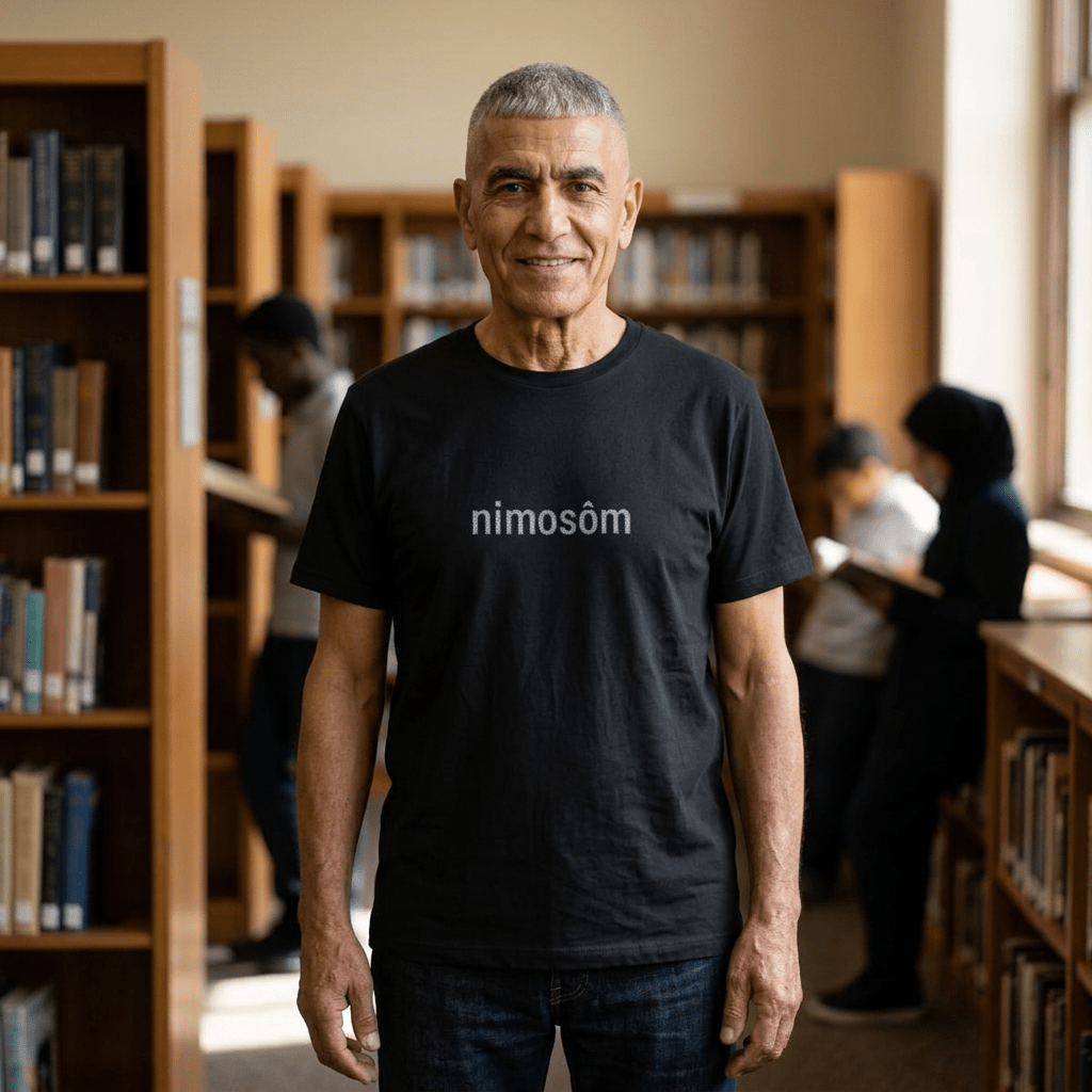 Nimosôm Cree Script Tee — Black Graphic Short Sleeve Shirt - Art by Seepengoose: The Plug Clothing Company