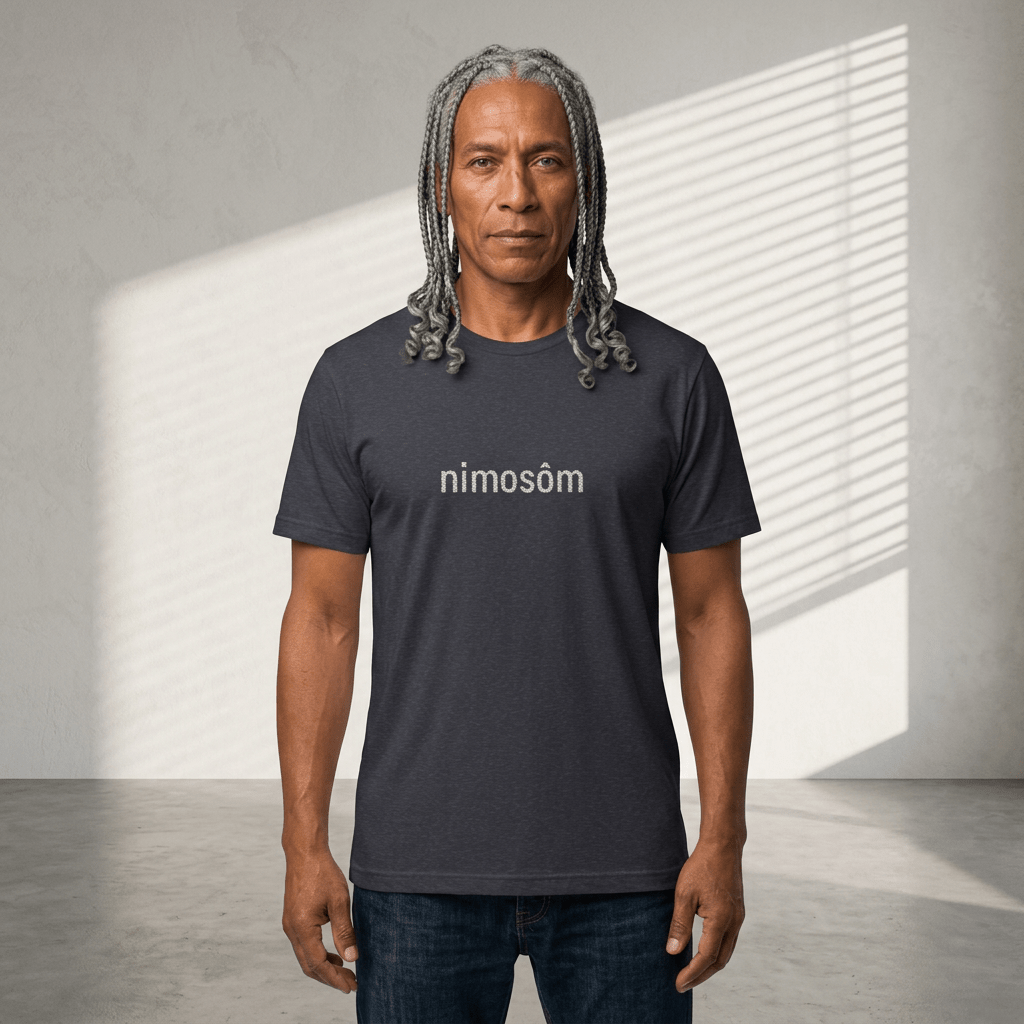 Nimosôm Cree Script Tee — Black Graphic Short Sleeve Shirt - Art by Seepengoose: The Plug Clothing Company