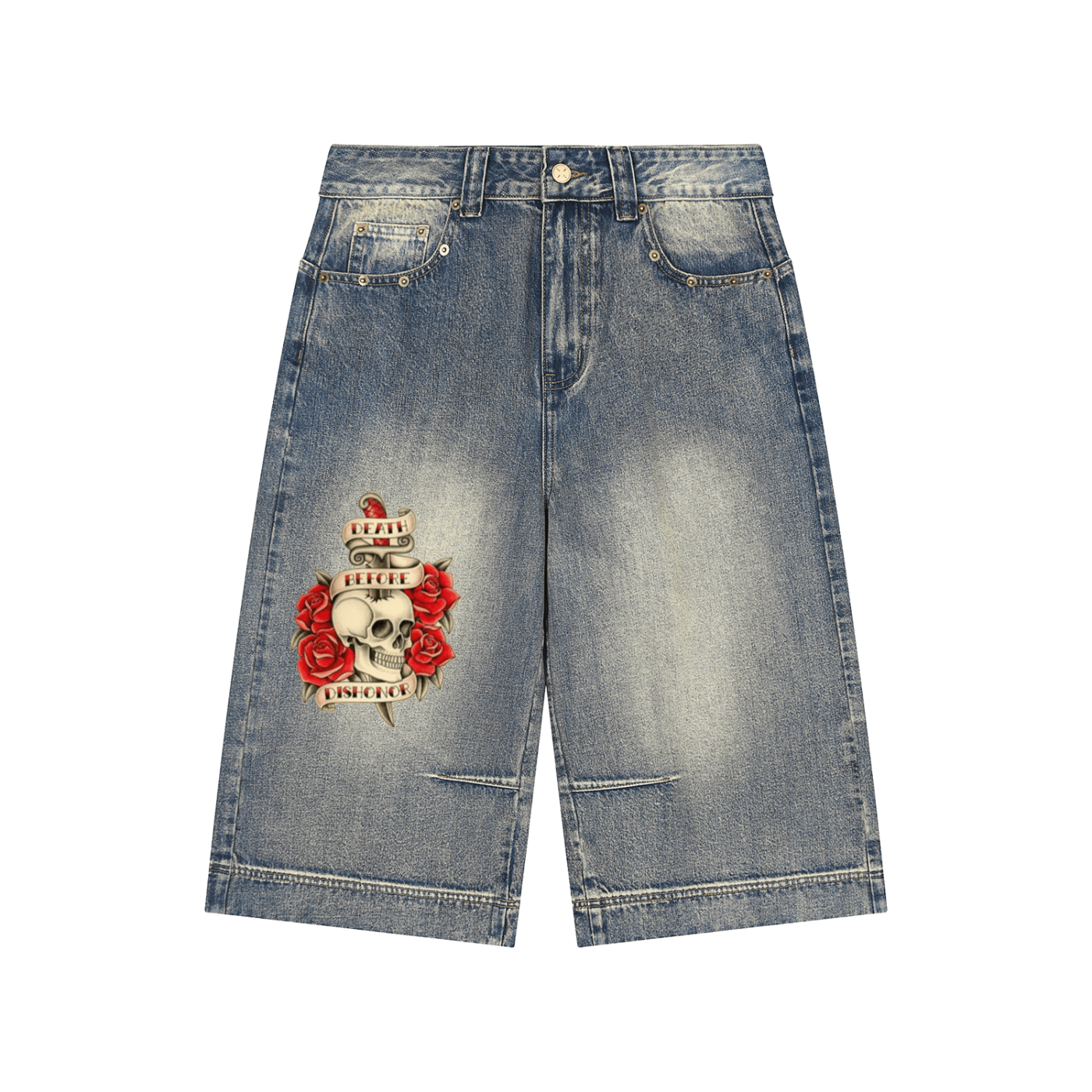 Plug Clothing Company Death Before Dishonor: Vintage Wash Baggy Denim Shorts - Art by Seepengoose: The Plug Clothing Company