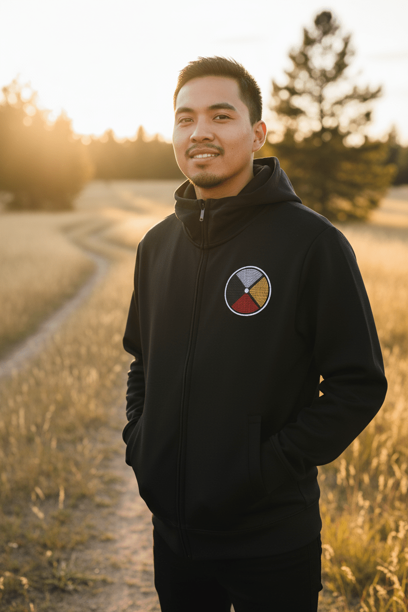 Sittinbull & Medicine wheel: Essential Heavyweight High Neck Zip-Up Hoodie - Art by Seepengoose: The Plug Clothing Company