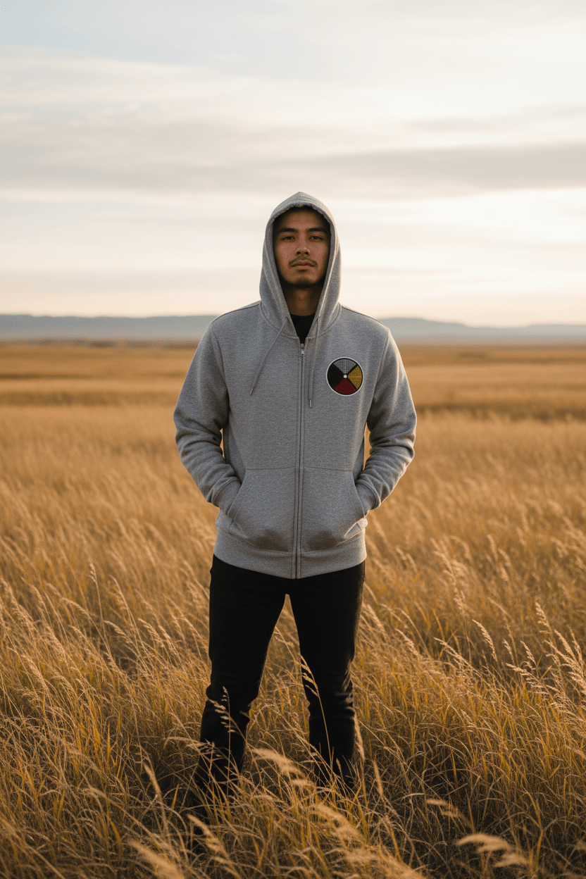 Sittinbull & Medicine wheel: Essential Heavyweight High Neck Zip-Up Hoodie - Art by Seepengoose: The Plug Clothing Company