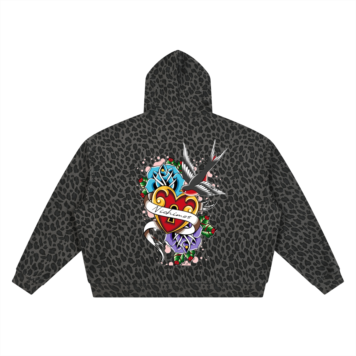 Unisex Leopard Print Waffle Full Zip Hoodie: Heart and Sparrow Tattoo - Art by Seepengoose: The Plug Clothing Company