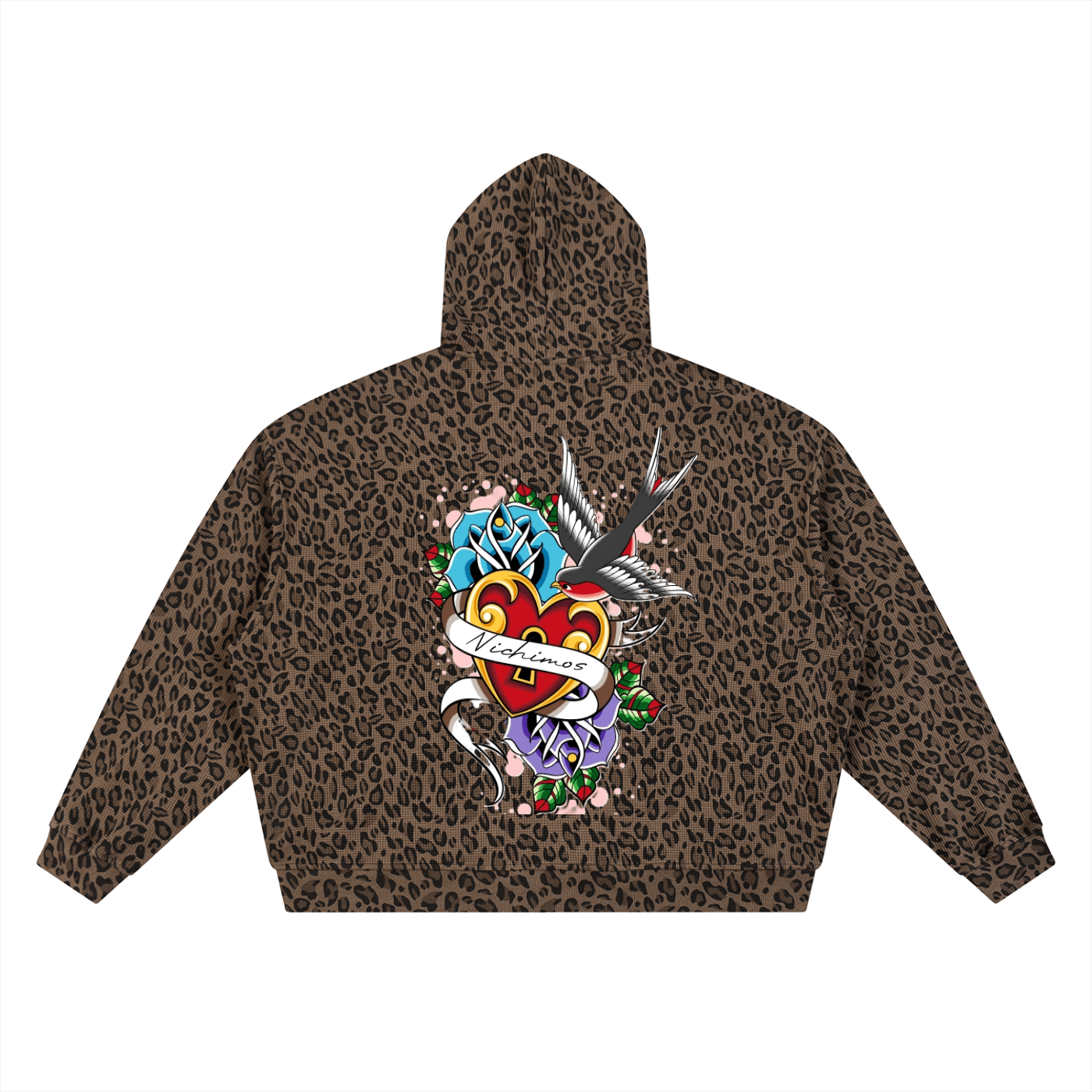 Unisex Leopard Print Waffle Full Zip Hoodie: Heart and Sparrow Tattoo - Art by Seepengoose: The Plug Clothing Company