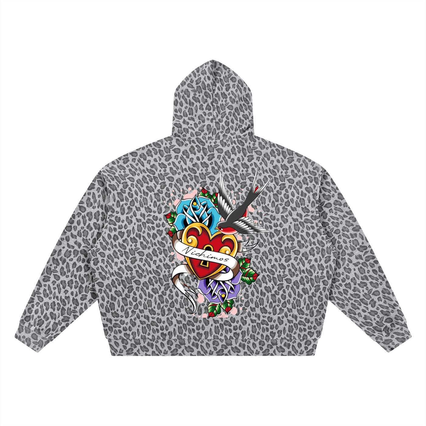 Unisex Leopard Print Waffle Full Zip Hoodie: Heart and Sparrow Tattoo - Art by Seepengoose: The Plug Clothing Company
