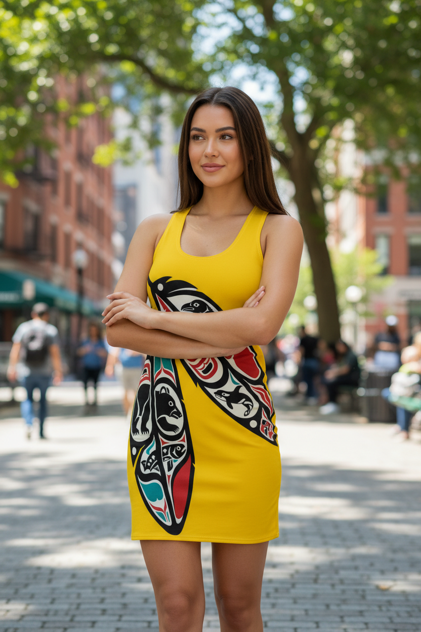 Yellow Tribal Feather Racerback Dress — Native Northwest Coast Art AOP - Art by Seepengoose: The Plug Clothing Company