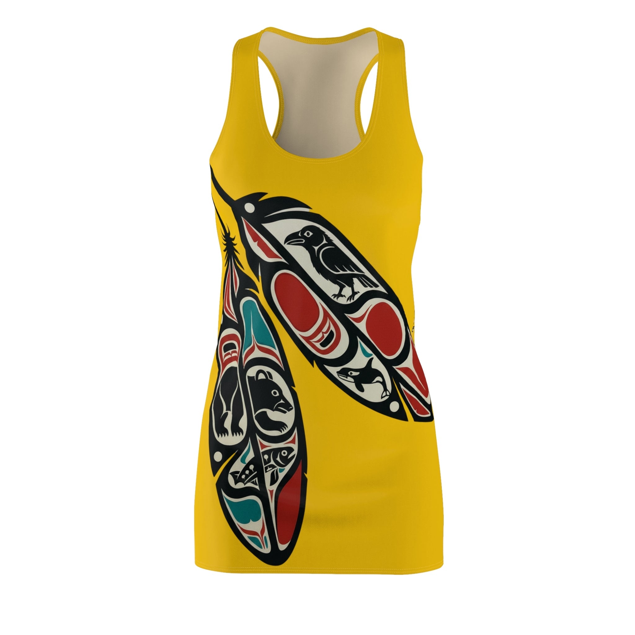 Yellow Tribal Feather Racerback Dress — Native Northwest Coast Art AOP - Art by Seepengoose: The Plug Clothing Company