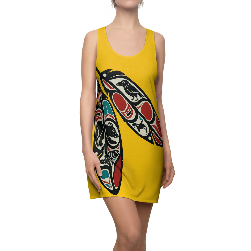 Yellow Tribal Feather Racerback Dress — Native Northwest Coast Art AOP - Art by Seepengoose: The Plug Clothing Company