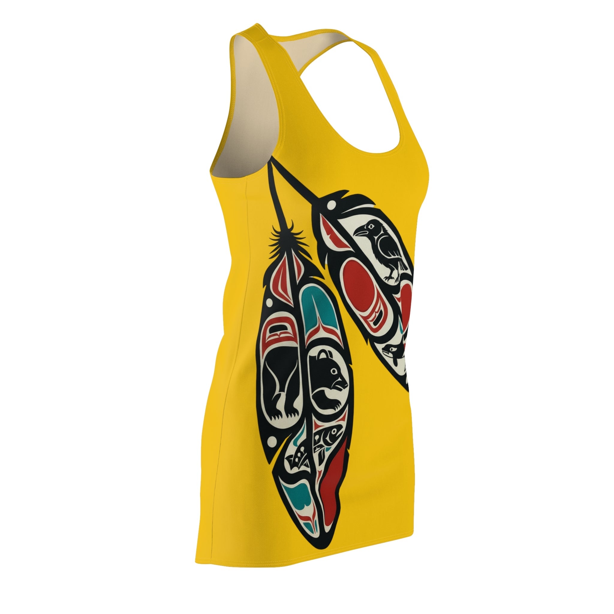 Yellow Tribal Feather Racerback Dress — Native Northwest Coast Art AOP - Art by Seepengoose: The Plug Clothing Company