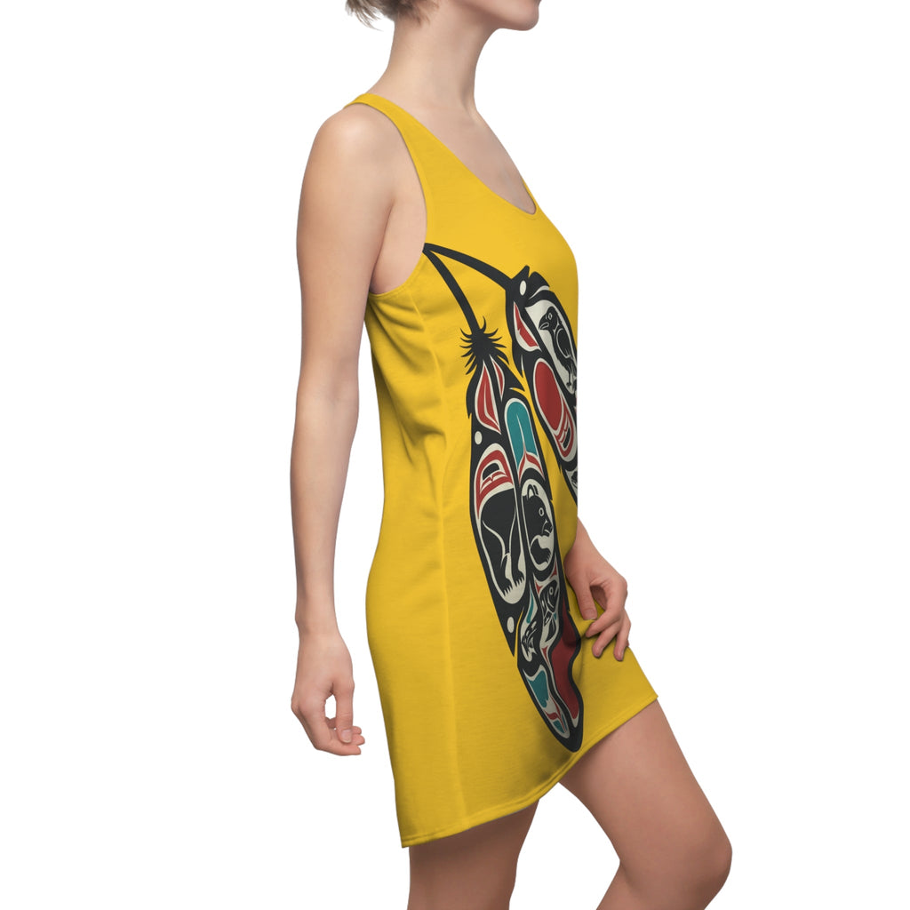 Yellow Tribal Feather Racerback Dress — Native Northwest Coast Art AOP - Art by Seepengoose: The Plug Clothing Company