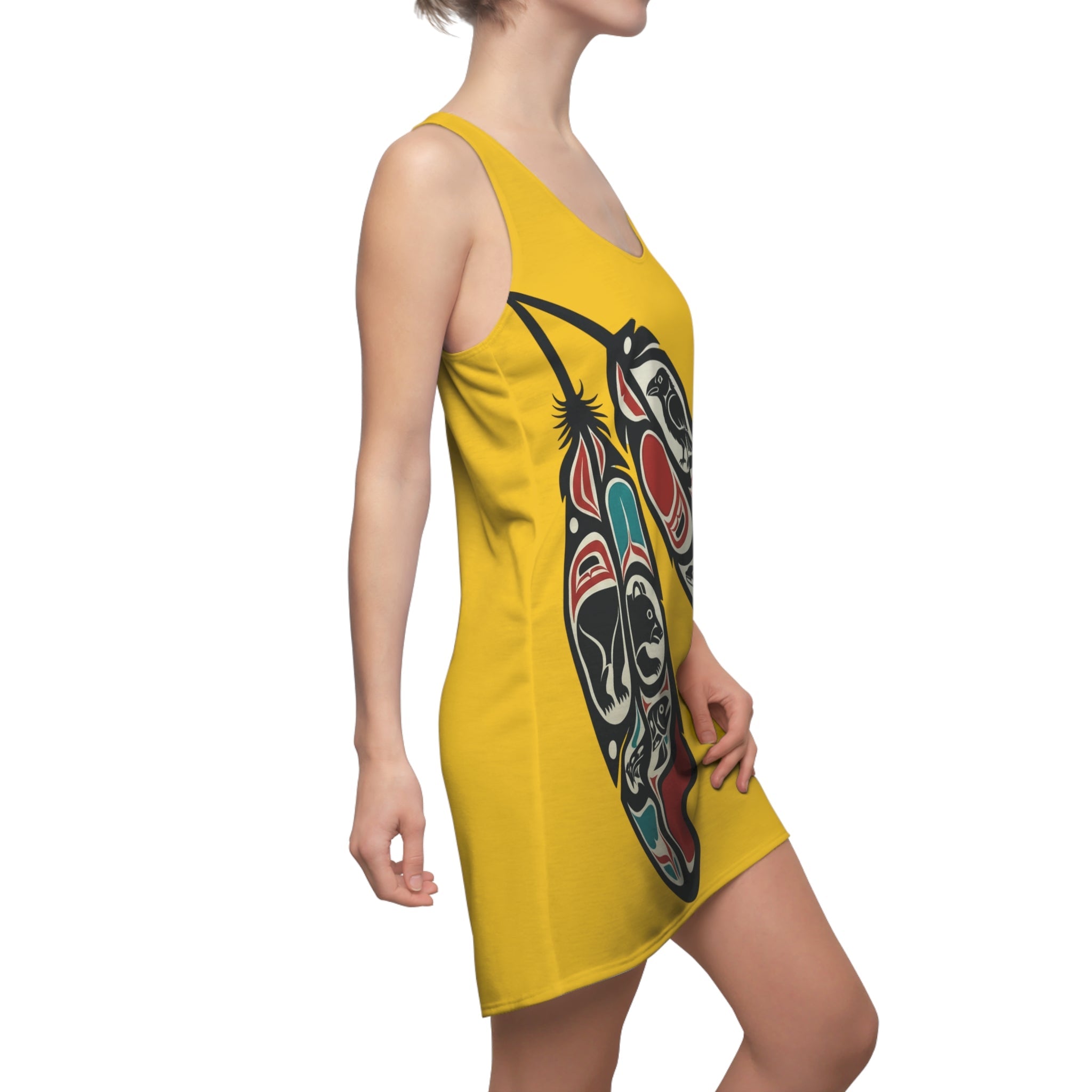 Yellow Tribal Feather Racerback Dress — Native Northwest Coast Art AOP - Art by Seepengoose: The Plug Clothing Company